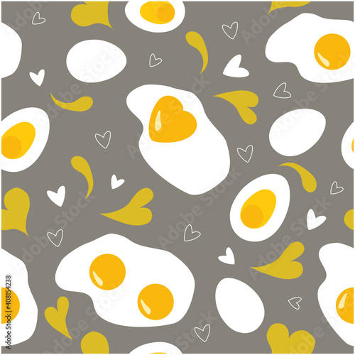 Seamless, endless pattern with eggs, heart, omelette. Fashion texture, background, trend color. Flat vector illustration, isolated objects.