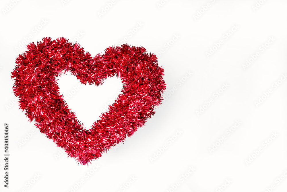 Tinsel heart with a white background horizontal and copy space