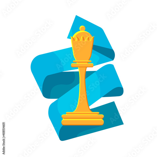 Vector cartoon isolated illustration metaphor with chess queen figure on background of folded ribbon. Concept strategy, tactics in business and any business. White background.