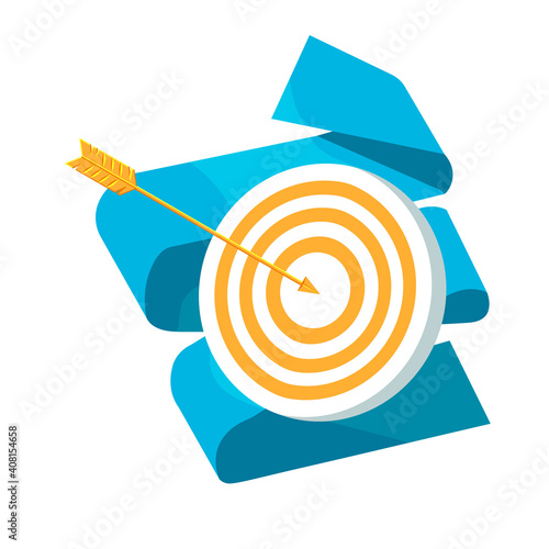 Vector cartoon isolated illustration with target and arrow in target. Concept achieving goal, motivation, purposefulness, success, victory.