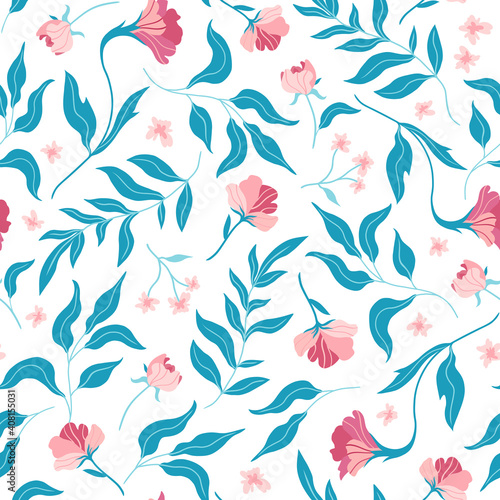 Seamless pattern with cute flat flowers and leaves. Hand drawn vector illustration on white background. Texture for print, fabric, textile, wallpaper.