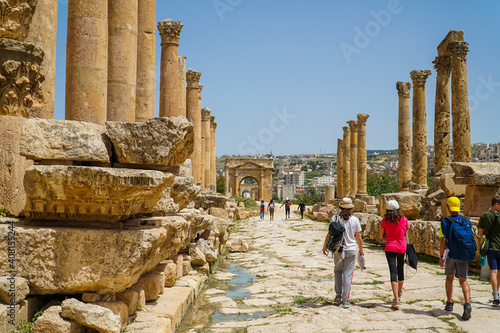 Old city of Jerash, with a few tourists visited, ancient building in Jordan