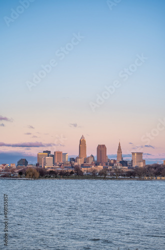 Cleveland skyline shot in winter from edgewater beach ohio