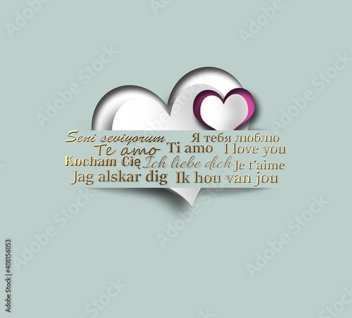 I love you in multiple languages, hearts in paper strip on pastel green background. Valentines, birthday design. 3D render photo