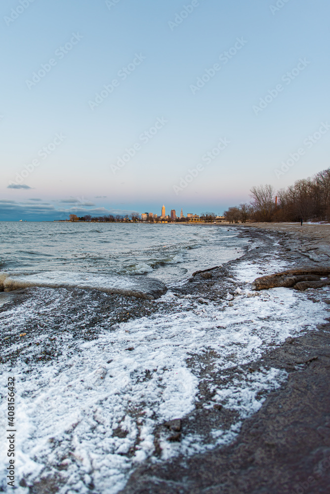 Cleveland skyline shot in winter from edgewater beach ohio