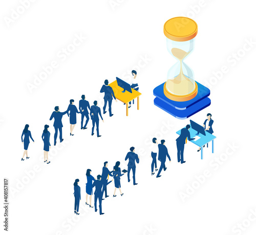 Isometric 3D business environment with business people queuing for interview. Finance, economy, banking, success, personal security concept infographic illustration.
