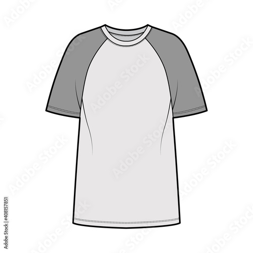 T-shirt baseball technical fashion illustration with raglan short sleeves, tunic length, crew neck, oversized. Flat apparel top outwear template front, grey color. Women men unisex CAD mockup