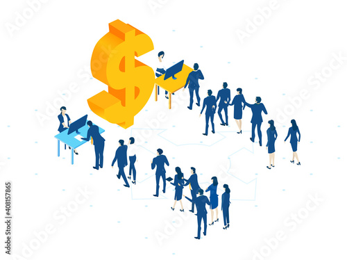 Isometric 3D business environment with business people queuing for interview. Finance, economy, banking, success, personal security concept infographic illustration.