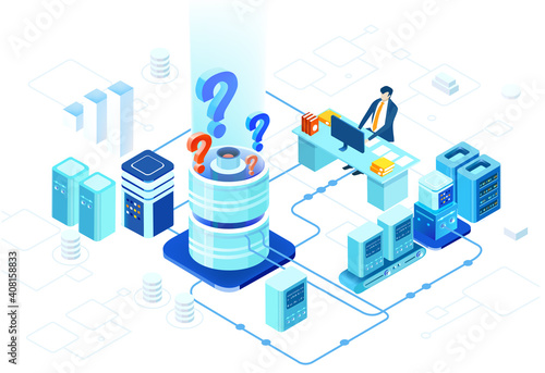 Isometric 3D business environment with business people working and communicating in server room. Dig data concept, Technology, success, internet, data protection and personal security 