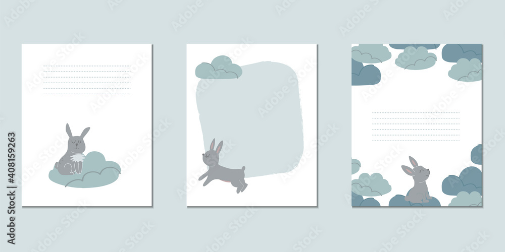 Set of vector children's cards with hares. Templates for text for a children's party, baby shower, cards, invitations, diplomas.
