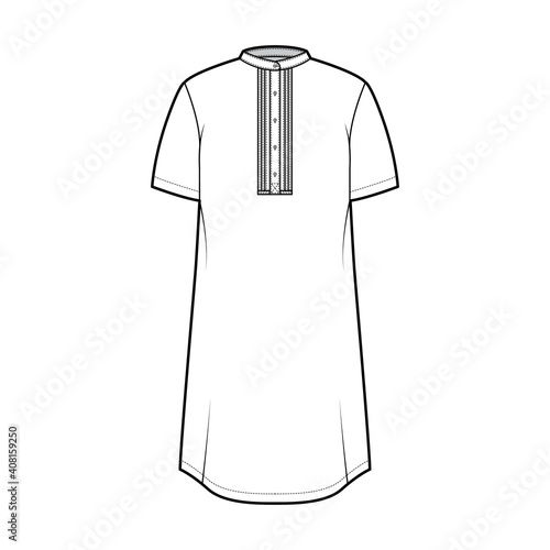 Shirt kurta technical fashion illustration with short sleeves, embellished henley neck. Flat indian shalwar qameez tunic apparel outwear template front, white color. Women men unisex CAD mockup