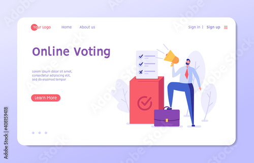 Election Campaign. People Voting with Vote Box and Calling for Vote. Concept of Election Day, Making Choice, Balloting Paper, Democracy. Vector illustration for Web Design and Background