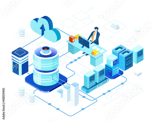 Isometric 3D business environment with businessman working and communicating in server room. Dig data concept, Technology, success, internet, data protection and personal security 