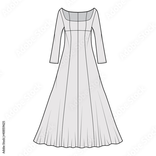 Dress evening technical fashion illustration with scoop neck, maxi floor length, fitted body, circular fullness, long sleeves. Flat apparel template front, grey color. Women, men, unisex CAD mockup