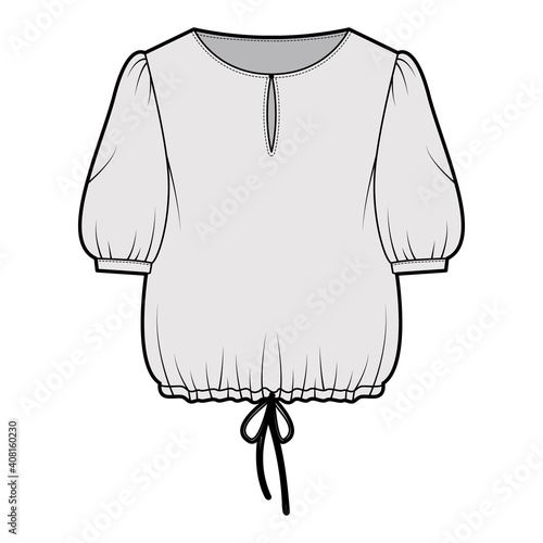 Blouse cropped drawstring technical fashion illustration with scoop neck, elbow sleeves, slashed button opening, oversized. Flat blouse template front, grey color. Women unisex top CAD mockup