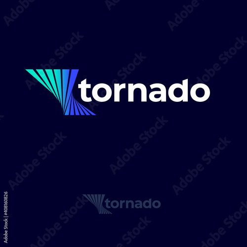 Tornado logo. Twisted shapes like vortex and white letters. Blue tornado emblems. Monochrome option. 