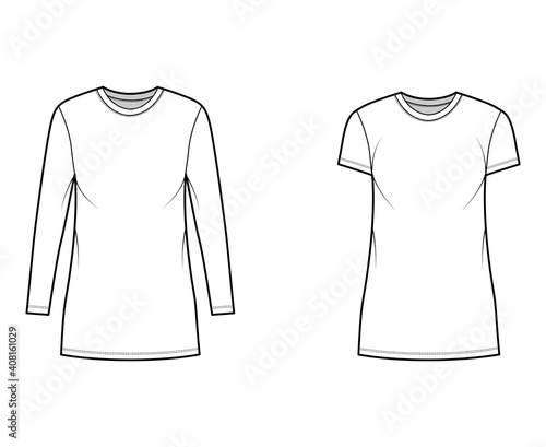 Set of T-shirt mini dresses technical fashion illustration with crew neck, long and short sleeves, oversized, Pencil fullness. Flat apparel template front white color. Women, men, unisex CAD mockup