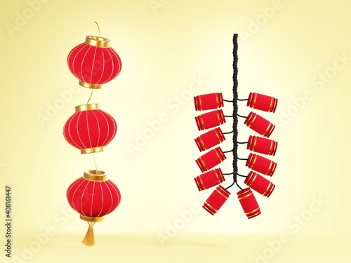 3D render red lanterns and firework isolated on yellow background  design elements for Chinese lunar year  Chinese new year banner.