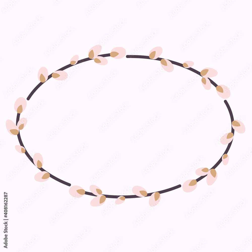 Willow wreath. Oval frame made of willow twigs. Easter wreath made of willow stalks.Vector flat illustration. Design for invitations, postcards, printing. Willow wreath. Oval frame made of willow twigs. Easter wreath made of willow stalks.Vector flat illustration. Design for invitations, postcards, printing.
