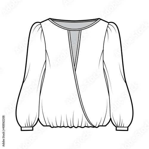 Surplice blouse technical fashion illustration with bouffant long sleeves, gathered hem, wide wrap scoop neck, oversized. Flat shirt apparel top template front white color. Women men unisex CAD mockup