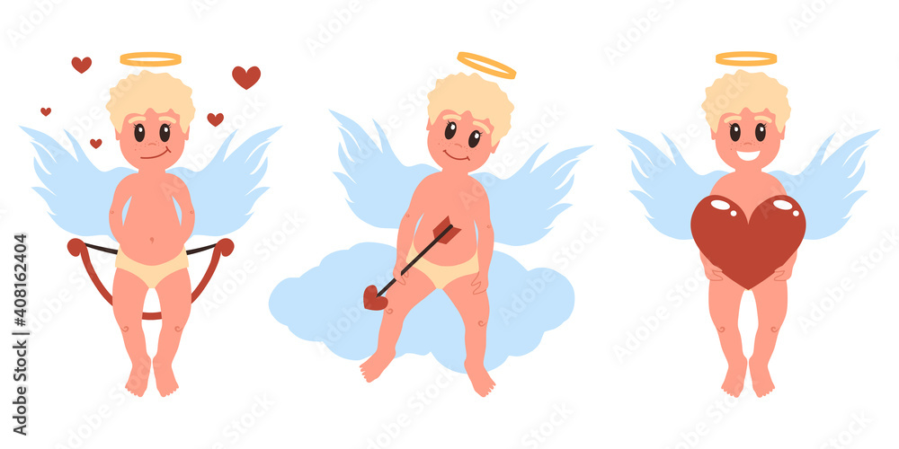 illustration - Baby Cupid shoots a bow, sits on a cloud, holds a heart. Isolated over white background illustration - Baby Cupid shoots a bow, sits on a cloud, holds a heart. Isolated over white background