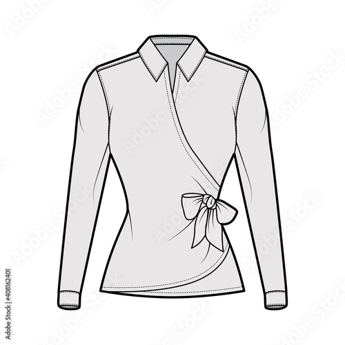 Shirt wrap technical fashion illustration with bow tie closure, long sleeves, classic collar, fitted body. Flat blouse apparel top outwear template front, grey color. Women men unisex CAD mockup
