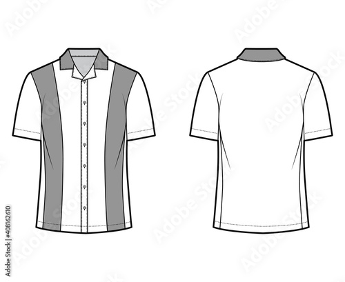 Shirt bowling technical fashion illustration with short sleeves, open collar, tunic length, oversized uniform. Flat apparel top outwear template front, back, white color. Women men unisex CAD mockup