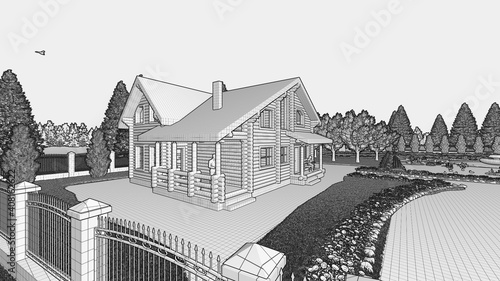 Wooden log house, wooden bathhouse, wooden home, Nice wooden ranch home with beautiful landscape in the countryside, the picture is a visualization of a project