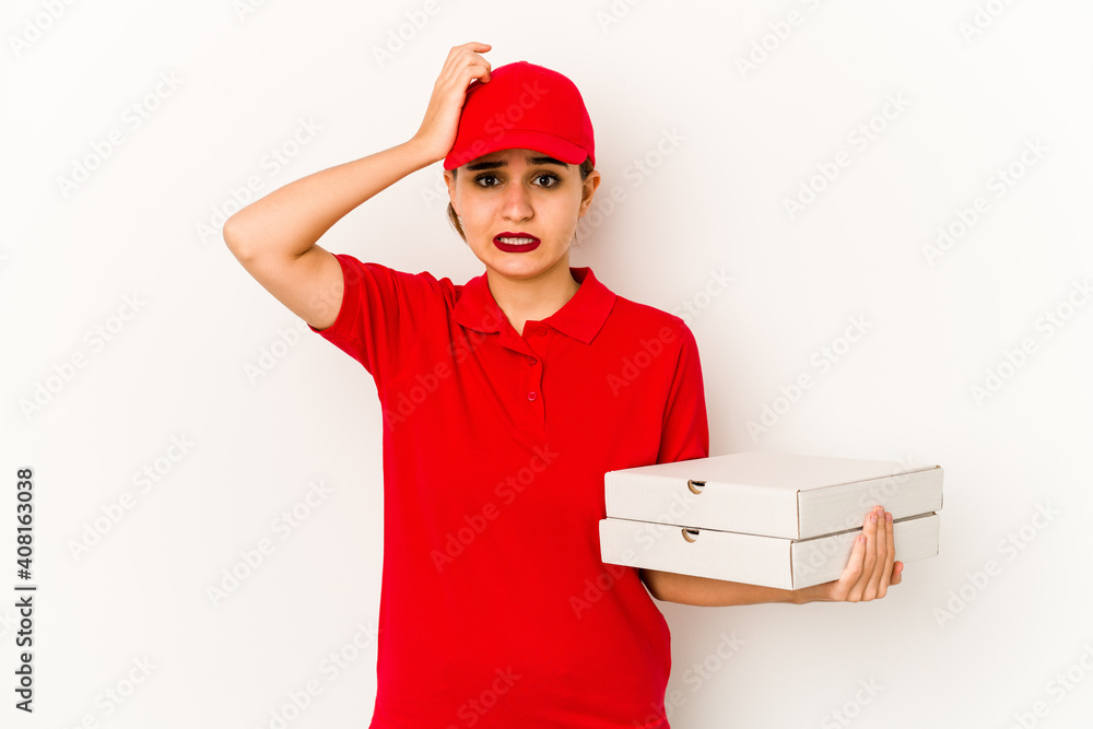 Young skinny arab pizza delivery girl standing with outstretched hand showing stop sign, preventing you. Young skinny arab pizza delivery girl standing with outstretched hand showing stop sign, preventing you.