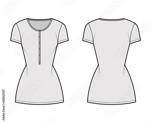 Shirt dress mini technical fashion illustration with henley neck, short sleeves, fitted body, Pencil fullness, stretch jersey. Flat apparel template front, back grey color. Women men unisex CAD mockup