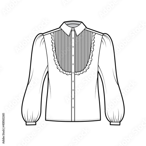 Blouse tuxedo technical fashion illustration with long bouffant sleeves, classic collar, pintucked bib, oversized. Flat apparel shirt top template front, white color. Women men unisex CAD mockup
