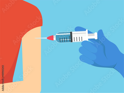 A hand in a blue glove is vaccinated against the virus. The concept of protecting the population from a pandemic. The doctor gives an injection to the patient. Vector graphics