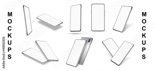 Mobile phone mockups in realistic style. Different angles white blank screen. 3D collection gadgets in frontal, isometric, perspective and rotated position. UI, UX smartphones mockups. Vector phones