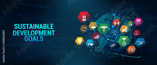 Web banner SDG - Sustainable Development Goals. Futuristic banner  long-term project the united nations with 3D Earth Globe and 17 aspects in 17 colorful icons. Sustainable Development Goals. Vector photo