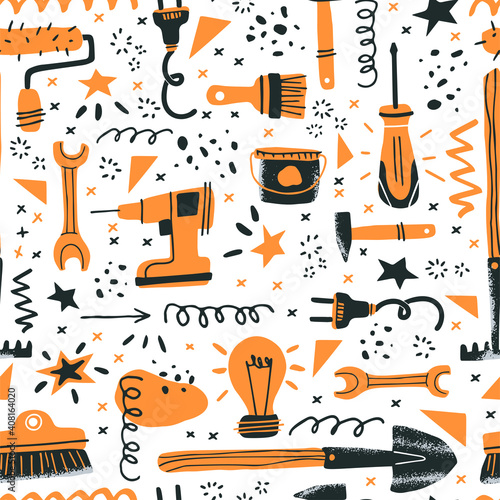 DIY store concept. Home renovation tools seamless pattern. Vector illustration of instruments and supplies in a flat style. Perfect for hardware store poster, flyer, wrapping paper or textile