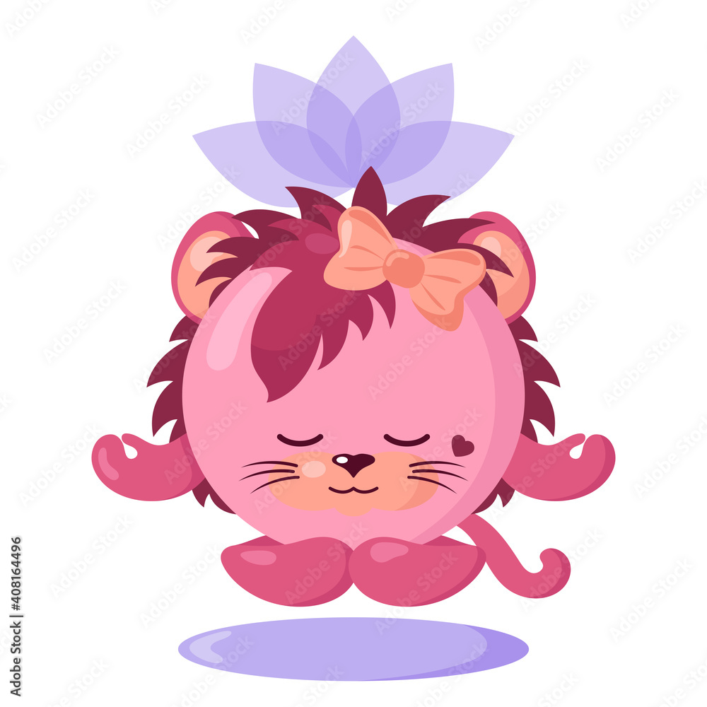 Funny cute kawaii meditating lioness with lotus flower over head and round body in flat design with shadows. Isolated meditation animal vector illustration Funny cute kawaii meditating lioness with lotus flower over head and round body in flat design with shadows. Isolated meditation animal vector illustration