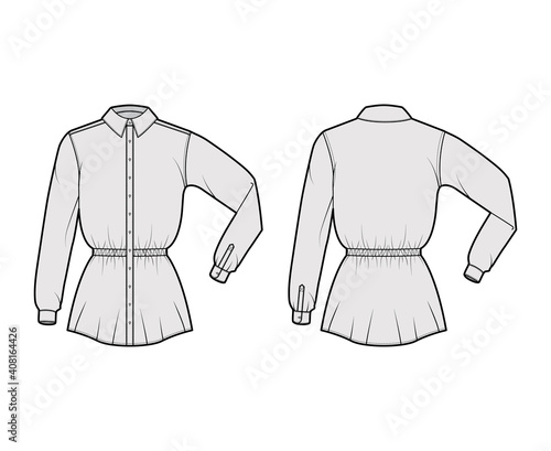 Shirt drawstring gathered waist technical fashion illustration with elbow folded long sleeves, tunic length, classic collar. Flat apparel top template front, back, grey color. Women men CAD mockup