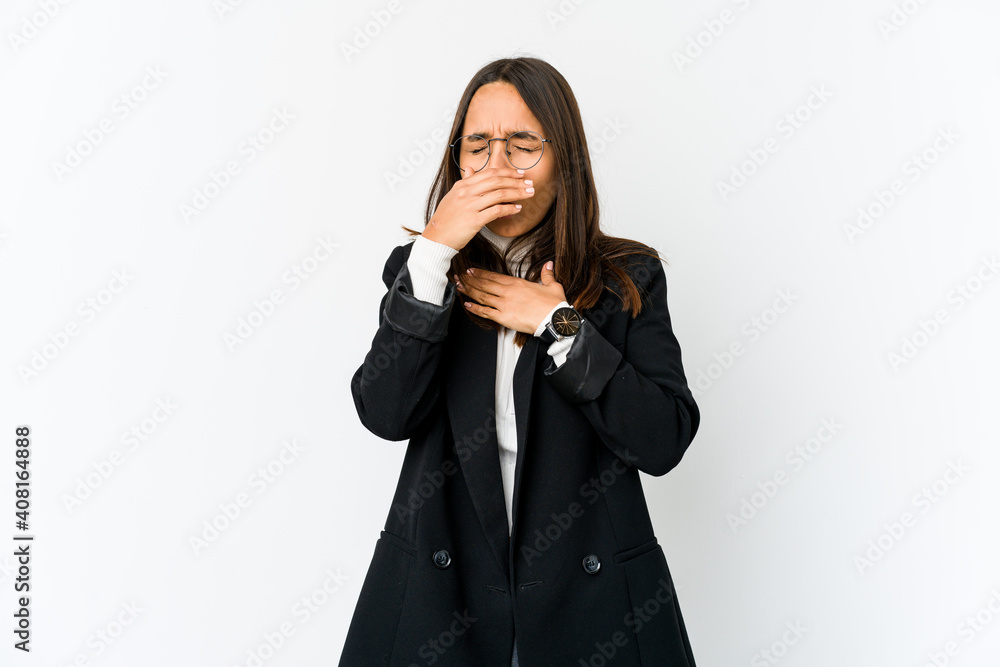 Young mixed race business woman isolated on white background suffers pain in throat due a virus or infection. Young mixed race business woman isolated on white background suffers pain in throat due a virus or infection.