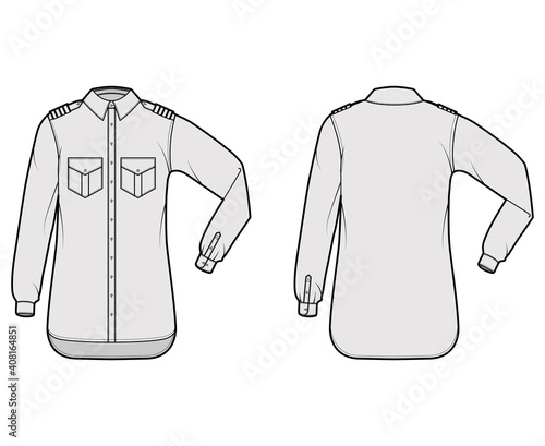 Shirt pilot airline technical fashion illustration with chevron, elbow folded long sleeves, angled flap pockets. Flat apparel top outwear template front, back, grey color. Women men unisex CAD mockup