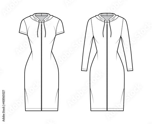 Hoodie zip-up dress technical fashion illustration with long, short sleeves, knee, mini length, fitted body, Pencil fullness. Flat apparel template front, white color. Women, men, unisex CAD mockup