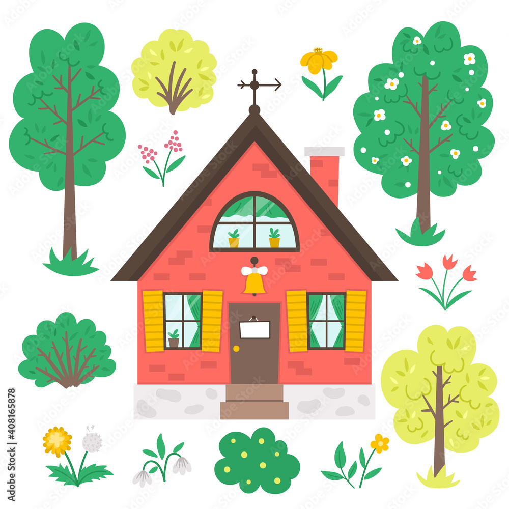 Vector set with garden or trees, plants, flowers and country house isolated on white background. Flat spring farm illustration with cottage. Natural greenery icons collection.