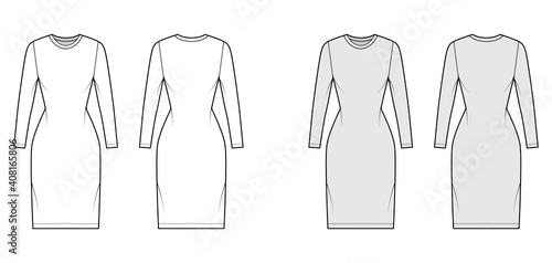 T-shirt dress technical fashion illustration with crew neck, long sleeves, knee length, slim fit, Pencil fullness. Flat apparel template front, back, white, grey color. Women, men, unisex CAD mockup