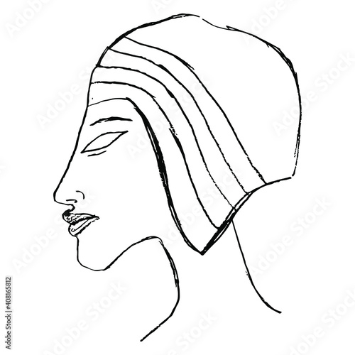 Head of pharaoh Akhenaten. Ancient Egyptian Amarna art. Black and white silhouette. Hand drawn linear sketch.