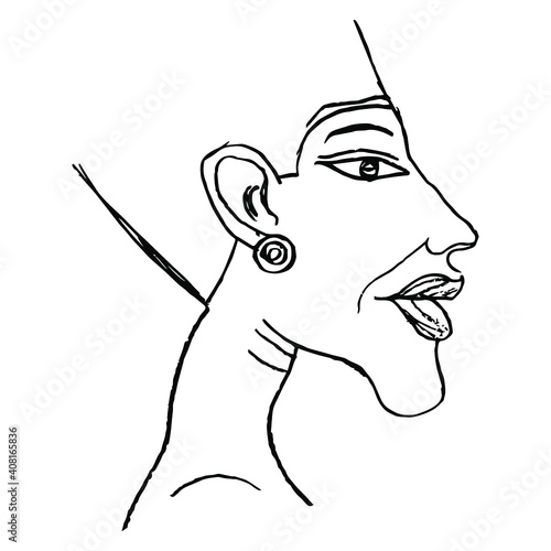Head of pharaoh Akhenaten. Ancient Egyptian Amarna art. Black and white silhouette. Hand drawn linear sketch.