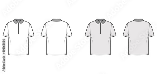 Shirt zip polo technical fashion illustration with short sleeves, tunic length, henley neck, flat knit collar. Apparel top outwear template front, back, white, grey color. Women men unisex CAD mockup