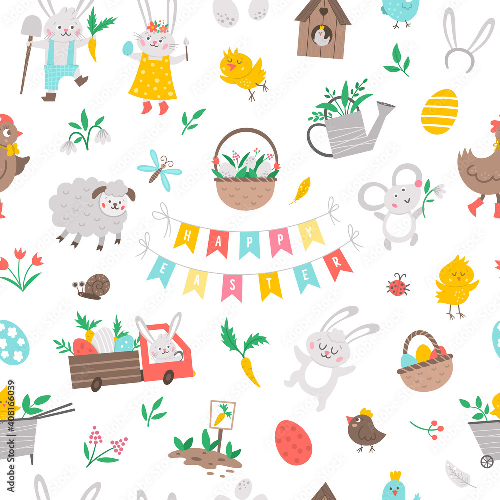 Fototapeta premium Seamless pattern with Easter design elements. Vector repeating background with cute bunny, eggs, bird, chicks, baskets. Spring funny digital paper. Adorable traditional holiday symbols texture.