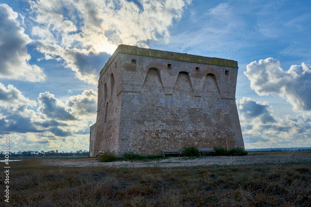 XVI Century Antique Defensive Tower Torre Guaceto At In The Middle Of A Natural Reserve Along The Coast Of Apulia Italy