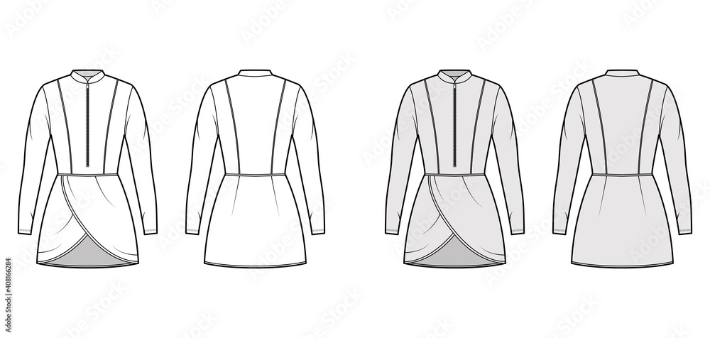 Tunic technical fashion illustration with zip henley neck, long sleeves, fitted body, petals hem. Flat Modest shirt apparel outwear top template front, back, white, grey color. Women unisex CAD mockup Tunic technical fashion illustration with zip henley neck, long sleeves, fitted body, petals hem. Flat Modest shirt apparel outwear top template front, back, white, grey color. Women unisex CAD mockup