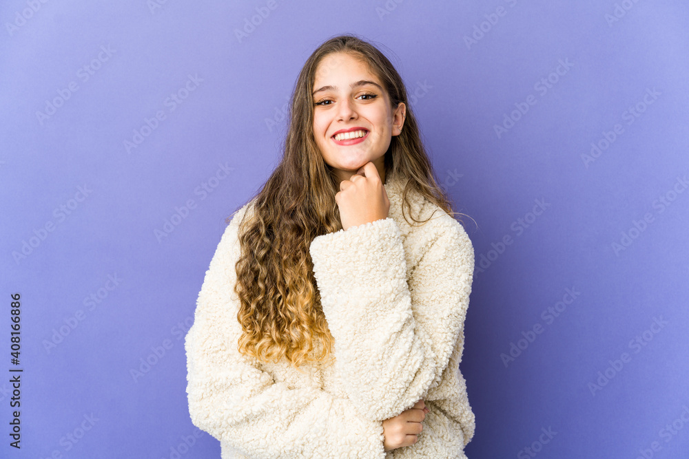 Young caucasian cute woman smiling happy and confident, touching chin with hand. Young caucasian cute woman smiling happy and confident, touching chin with hand.