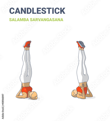 shoulderstand or candlestick woman home workout exercise guidance Calamba Sarvangasana yoga colorful vector illustration